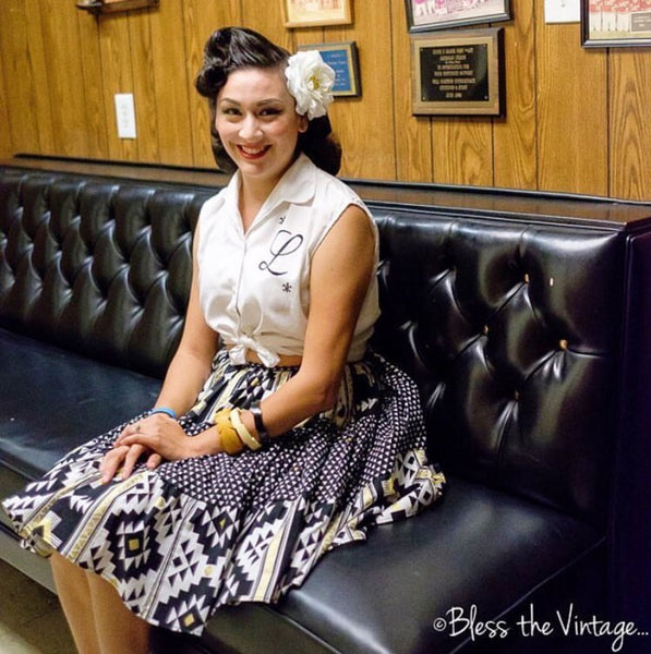 Boogie Woogie skirt worn at a record hop with an April Moon Rose hair flower