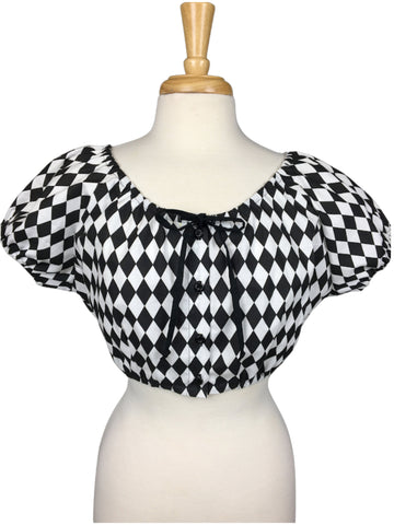 Black and white Harlequin print Cropped Mary Blouse by Lil' Lou Lou with gathered elastic neckline, puff sleeves, and front button detail.