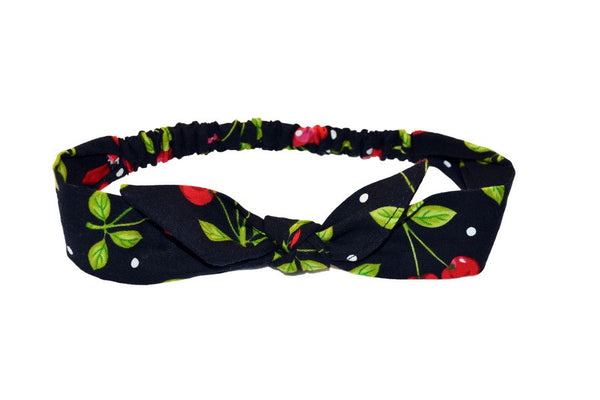 Black Cherry Dots 3 in 1 baby headband featuring a removable bow and elasticized back