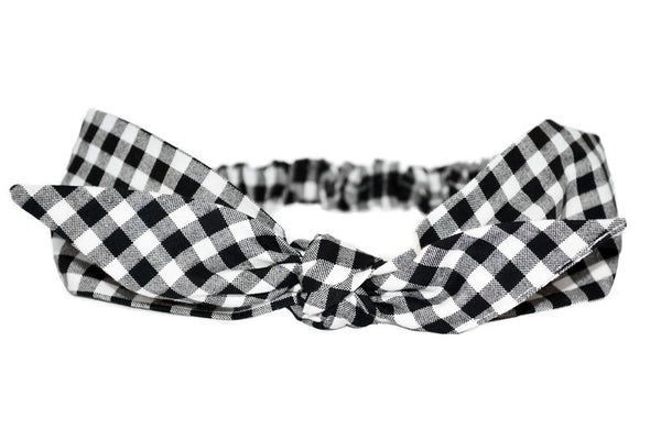 Lil' Lou Lou 4 in 1 Black Picnic Headband featuring black and white gingham fabric and removable bow, shown in product view on a white background.