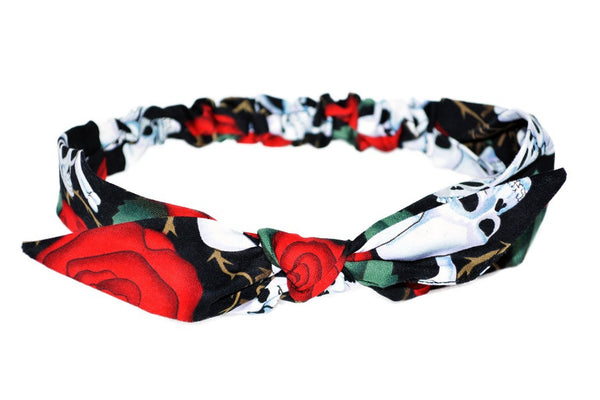 Red Skull Roses 4 in 1 headband featuring skull and rose print with removable bow