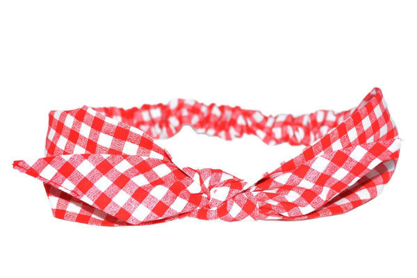 Red Picnic 4 in 1 headband featuring red and white gingham fabric with centered bow detail.