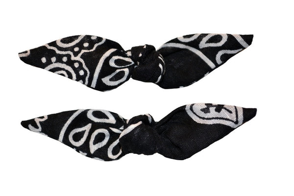 Set of two Classic Black Cute Knotted Bow hair clips featuring a black bandana print fabric.