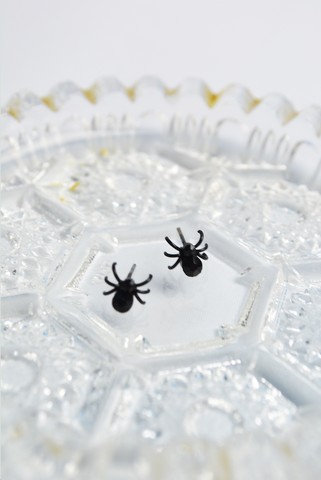 Black spider stud earrings with faceted crystal accents displayed on a vintage glass dish.