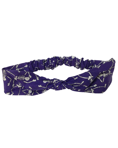 Kids 4-in-1 headband in the Spooky Scary Skeletons print shown without the removable bow.