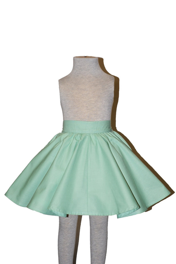 Seafoam green Kids Jivin' Skirt by Lil' Lou Lou featuring a vintage inspired circle skirt silhouette with elasticized back waistband.