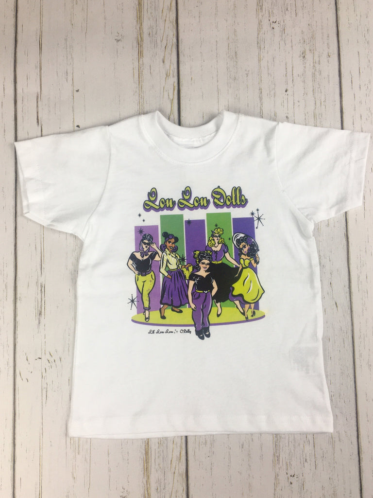 Kids Lou Lou Dolls Tee featuring original artwork by Orange Dolly Cartoons inspired by Lil' Lou Lou customers and supporters.