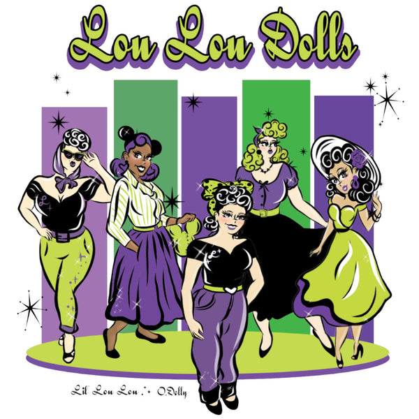 Lou Lou Dolls artwork illustrated by Orange Dolly Cartoons featuring diverse vintage-inspired characters inspired by the women and community of Lil' Lou Lou.