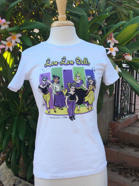 White Lou Lou Dolls graphic t-shirt by Lil' Lou Lou featuring vintage-inspired artwork celebrating the creativity, diversity, and individuality of the Lil' Lou Lou community.