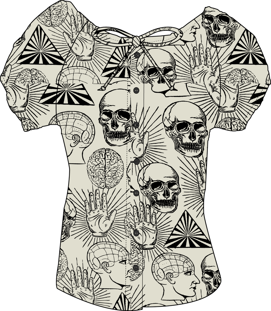 Flat illustration of the Mary Blouse in Lil' Lou Lou's Another Dimension print featuring skulls, palmistry hands, brains, and vintage-inspired mystery motifs.