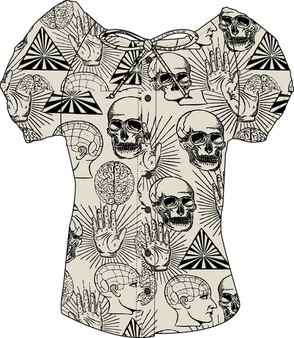 Flat illustration of the Mary Blouse in Lil' Lou Lou's Another Dimension print featuring skulls, palmistry hands, brains, and vintage-inspired mystery motifs.