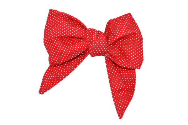 Lil' Lou Lou Minnie Bow hair clip in red mini dot cotton fabric inspired by pin up, rockabilly, and retro fashion