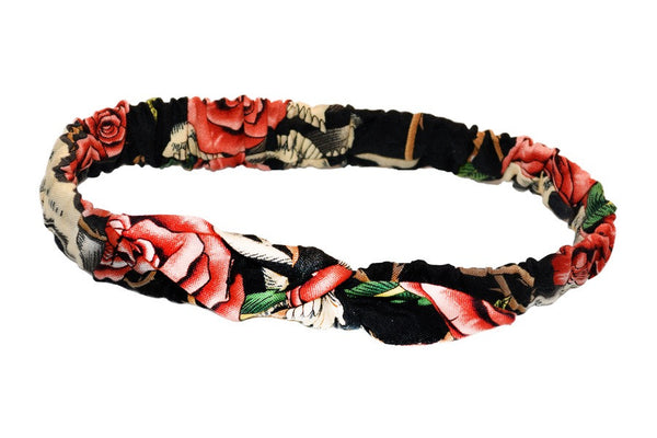 Peach Skull Roses Mommy & Me Headband featuring a soft elastic band and knotted bow detail for babies and toddlers.