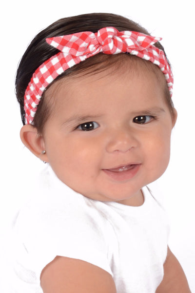 Baby wearing Lil' Lou Lou red gingham Mommy & Me Headband with a knotted bow detail.