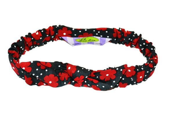 Lil' Lou Lou Sally Mommy & Me Headband featuring red floral print, black background, white polka dots, and knotted bow detail.