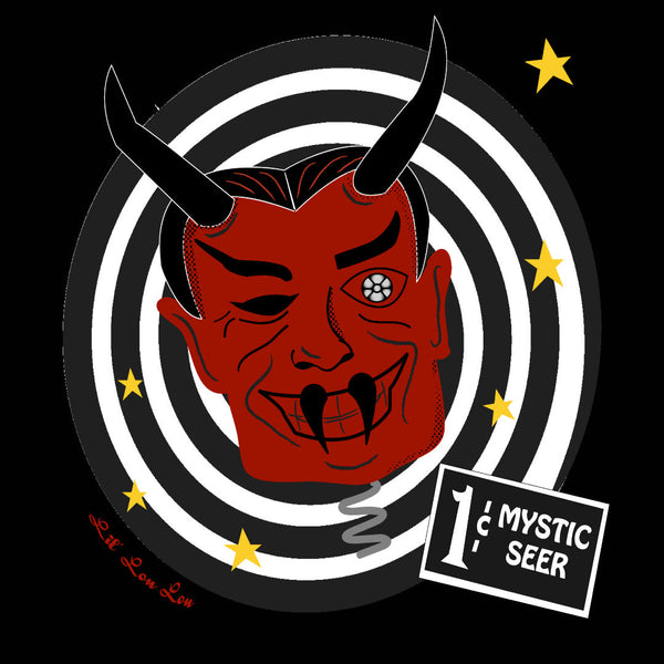 Original Mystic Seer artwork by Lily Gómez featuring a devil-inspired fortune teller design with vintage horror and mid-century monster influences.