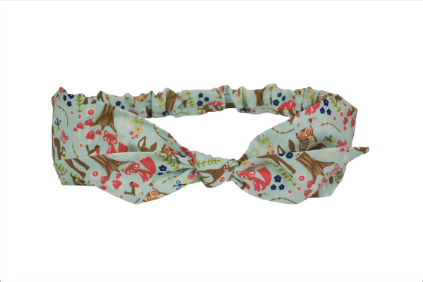 Princess of the Forest 4 in 1 headband with woodland animal print featuring foxes, owls, deer, trees, flowers, and mushrooms