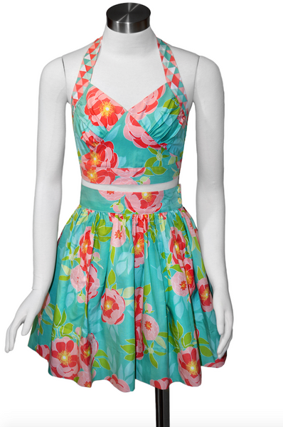 Front view of the April Moon Aqua Play Suit Skirt featuring a high waist, floral print, and gathered silhouette from Lil' Lou Lou.