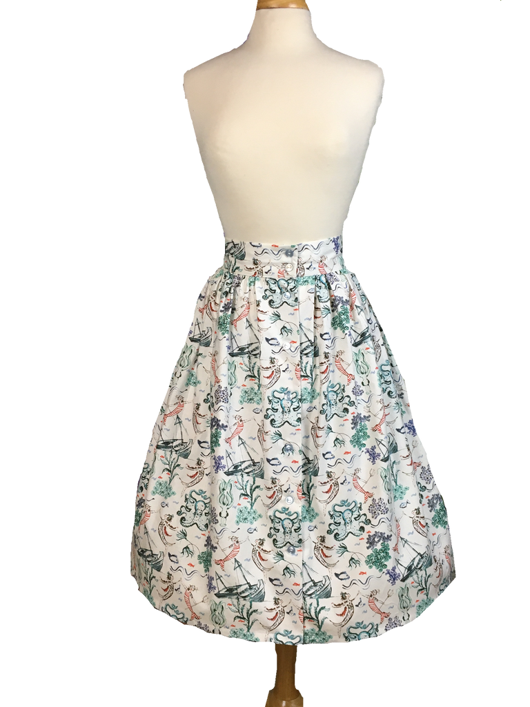 Aurora Skirt in Mari Mar mermaid and nautical print featuring sea creatures, coral reefs, and sailboats