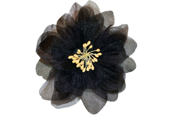 Black organza camellia hair flower with salon quality clip for pin up, rockabilly and vintage inspired hairstyles.