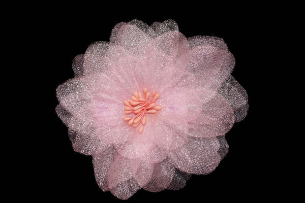 Pink organza camellia hair flower with salon quality clip for pin up, rockabilly and vintage inspired hairstyles.