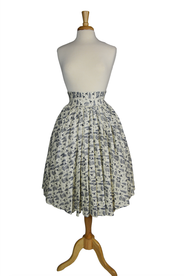 Vintage-inspired Ella Mae Skirt in the Queen of the Forest deer and woodland print with a wide waistband and full gathered skirt.