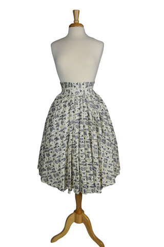 Vintage-inspired Ella Mae Skirt in the Queen of the Forest deer and woodland print with a wide waistband and full gathered skirt.