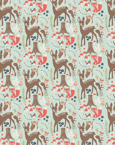Close-up of the Princess of the Forest woodland fabric featuring deer, foxes, owls, squirrels, mushrooms, flowers, and forest trees on a soft aqua background.