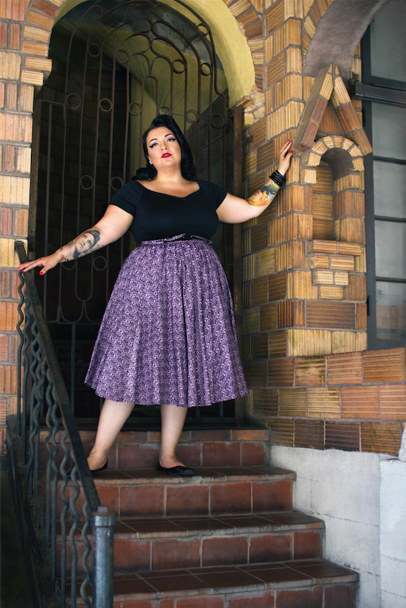 Model wearing the Haunting Wallpaper Jivin' Skirt and black Rockin' Cori Top by Lil' Lou Lou, showcasing the vintage-inspired gothic print and full gathered silhouette.