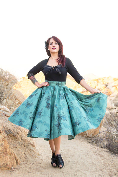 Morticia's Garden Green Jivin' Skirt by Lil' Lou Lou featuring a full circle silhouette, gothic floral print, and vintage-inspired styling.