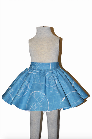 Kids Jivin' Skirt in the 3...2...1 Lift Off! rocket print from Lil' Lou Lou's 2015 Rocket Science Collection displayed on a mannequin.