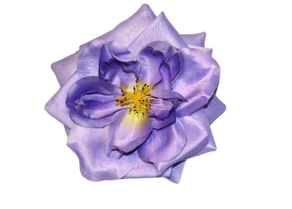 Close-up of the April Moon Rose Lilac Hair Flower featuring layered lilac petals and a salon-quality clip.