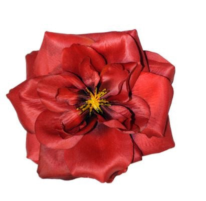 Close-up of the April Moon Rose Red Hair Flower featuring layered red rose petals and a salon-quality metal clip.
