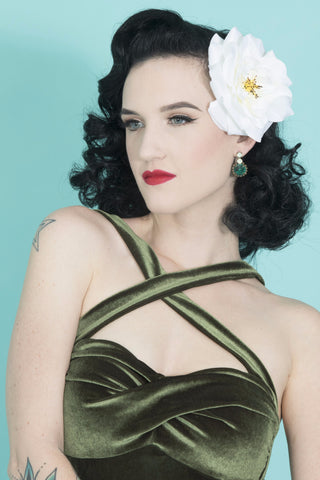 Model wearing the April Moon Rose White Hair Flower, a vintage-inspired Pin Up and Rockabilly hair accessory.