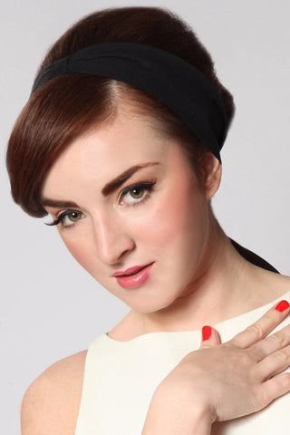 Black Bombshell Hair Wrap by Lil' Lou Lou worn with a vintage-inspired 1960s hairstyle.