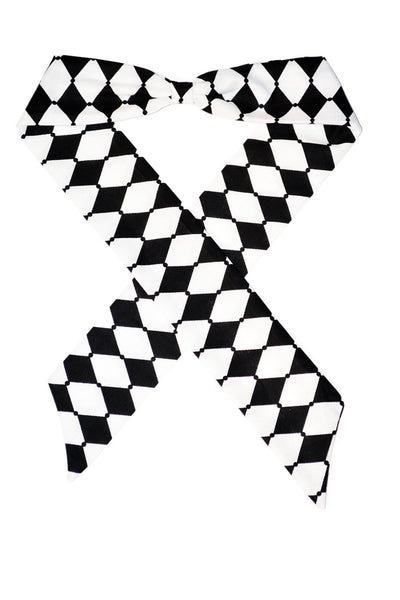 Black and white harlequin print Bombshell Hair Wrap made from 100% cotton.
