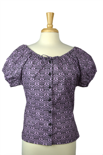 Front view of Lil' Lou Lou's Mary Blouse in the Haunting Wallpaper print featuring a purple and black vintage-inspired design.