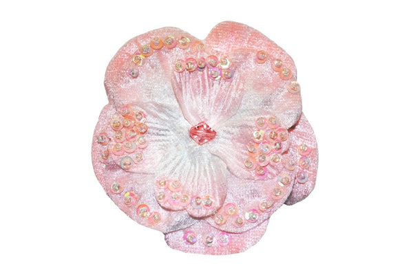 Pink Mexicali Rose hair flower with velour petals, sequined details, and crystal center. Vintage-inspired hair accessory by Lil' Lou Lou.