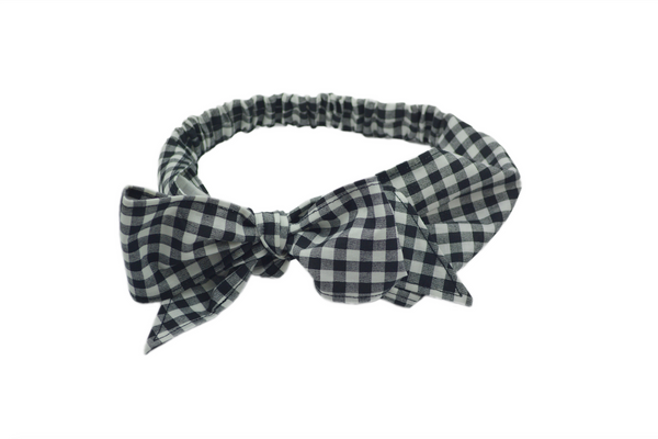 Black gingham Minnie Headband with oversized bow and elasticized back, vintage-inspired cotton hair scarf headband by Lil' Lou Lou.