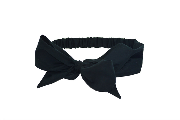 Black Minnie Headband with oversized bow and elasticized back, vintage-inspired cotton hair scarf headband by Lil' Lou Lou.