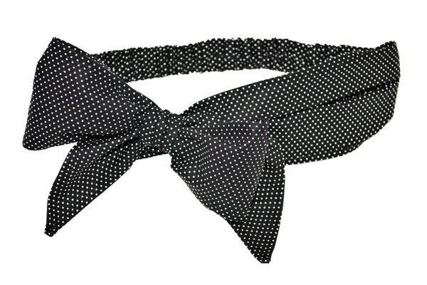Black and white mini dot Minnie Headband featuring an oversized side bow and vintage-inspired pre-tied hair scarf design by Lil' Lou Lou.