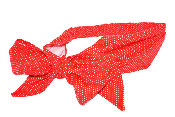 Red and white mini dot Minnie Headband featuring an oversized side bow and vintage-inspired hair scarf styling by Lil' Lou Lou.