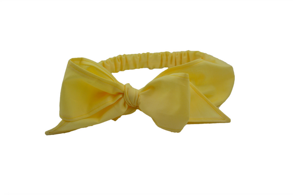 Yellow Minnie Headband with oversized bow and elasticized back, vintage-inspired cotton hair scarf headband by Lil' Lou Lou.