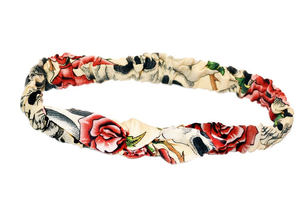 Beige Skull Roses Mommy & Me Headband featuring skull and rose print with soft elastic band for babies and toddlers