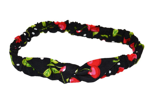 Black Cherry Dots Mommy & Me Headband featuring cherry print, polka dots, and soft elastic band for babies and toddlers