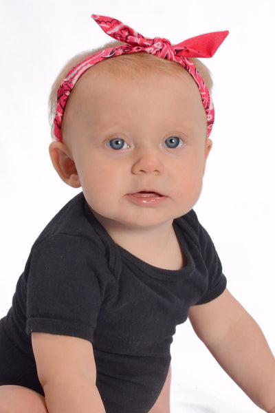 Baby wearing Classic Hot Pink Mommy & Me Headband inspired by the Rosie Bandana with soft elastic fit