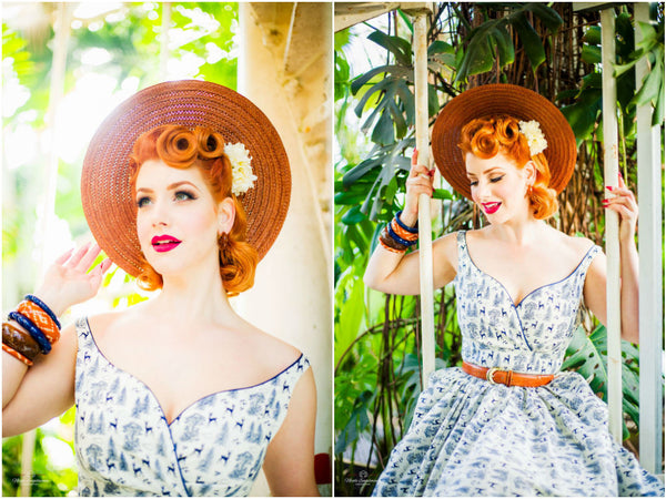 Detail views of the Lil' Lou Lou Razzle Dazzle Dress showing the piped neckline, fitted bodice, and vintage-inspired styling.