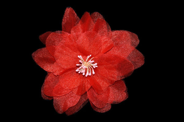 Red camellia hair flower made from organza fabric for pin up, rockabilly and vintage inspired hairstyles.
