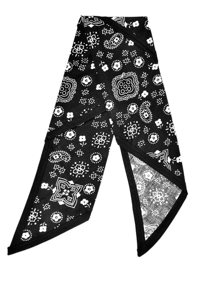 Flat lay of the Black Paisley Rosie Bandana featuring traditional black bandana print and signature black trim.
