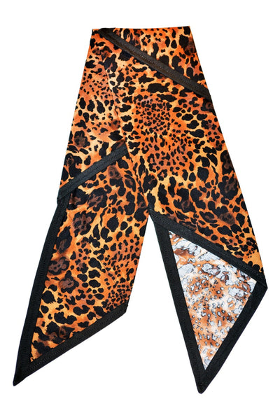 Leopard Rosie Bandana featuring brown and black leopard print fabric with black trim.